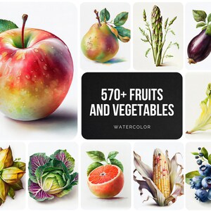570 Lebendiges Aquarell Obst und Gemüse Bundle für Kommerzielle Nutzung - Obst und Gemüse Aquarell Clipart für Rezeptkarten und Print