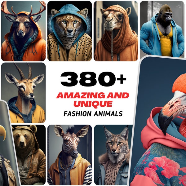 380 animaux tendance incroyables et uniques, animaux chics à imprimer, animaux de créateurs, animaux de compagnie habillés avec des vêtements cool - licence commerciale