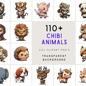 117 Adorable Chibi Animal Illustrations with Transparent Backgrounds - Perfect for Merchandise, Stickers, and Digital Art, Commercial Use
