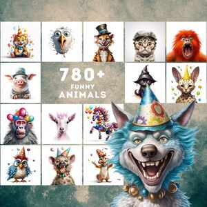 Puede incluir: Un collage de más de 780 ilustraciones de animales divertidos. Las imágenes presentan una variedad de animales, incluyendo un tigre, un pájaro, un gato, un cerdo, un mono, una cabra, un caballo, un lobo, un búho, una hiena y una ardilla. Cada animal lleva un gorro de fiesta y tiene una expresión humorística en su rostro.