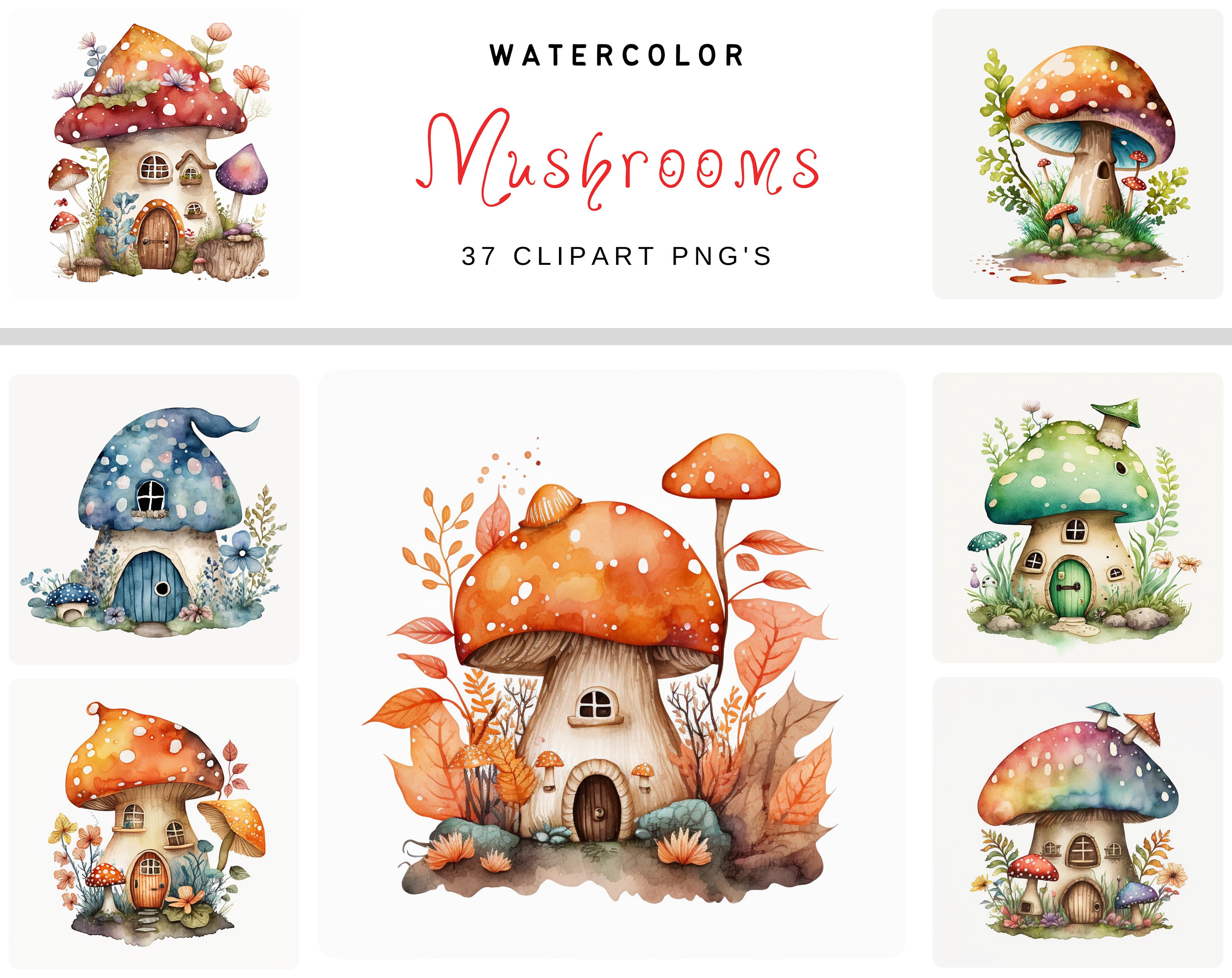 Enchanting Fairy Mushroom House Clipart, 37 Watercolor PNG ...