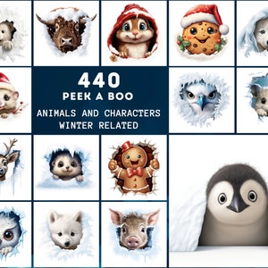 440 kleurrijke Peekaboo Animal PNGs - Kerst- en sneeuwthema's met commerciële licentie