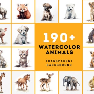 Adorable lot d'animaux aquarelle – 190 images mignonnes et ludiques pour la décoration de chambre d'enfant, les invitations à une fête prénatale, l'art mural. PNG transparents