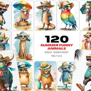 Zestaw clipartów Whimsical Summer Animals - 120 uroczych obrazów zwierząt z okularami przeciwsłonecznymi i strojami plażowymi