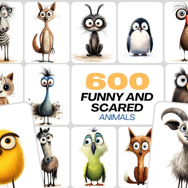 Set di 600 animali spaventati e divertenti PNG Clipart, grafica per uso commerciale ad alta risoluzione con sfondo trasparente, animali meravigliosi dagli occhi grandi