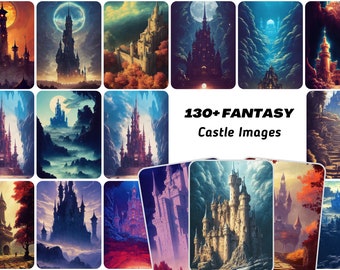 May include: A collage of 12 fantasy castle images. The castles are depicted in various styles and settings, including a dark castle with a full moon in the background, a castle with a red roof and a forest in the foreground, and a castle with a stone bridge leading to it.