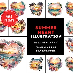 Espalhe o amor do verão com nosso pacote de 60 clipart de aquarela em formato de coração PNG, clipart de aquarela de coração de pôr do sol, perfeito para uso comercial.
