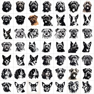 K&ouml;nnte beinhalten: Eine Sammlung von 49 Schwarzwei&szlig;-Illustrationen von Hunderassen. Die Illustrationen sind in einem Raster angeordnet und zeigen verschiedene Hunderassen, darunter Bulldoggen, Terrier und Chihuahuas.