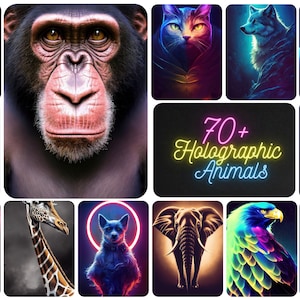 Arte de pared imprimible con animales. Conjunto de 70 estampados holográficos de animales, decoración de pared para cualquier habitación, carteles de animales, conjunto de arte de pared, descarga digital