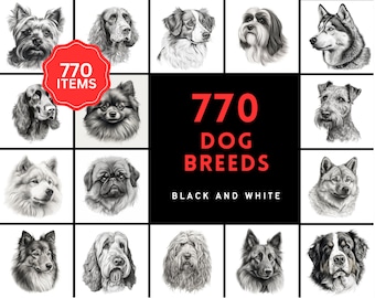 770 Sketch Dog Breed PNGs, Black & White Dog Images, High-Resolution Commercial Use Graphics