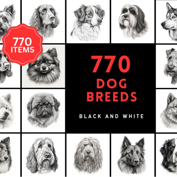 770 Sketch Dog Breed PNGs, Black & White Dog Images, High-Resolution Commercial Use Graphics