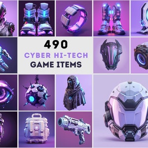 May include: A collection of futuristic cyber hi-tech game items, including a robotic suit, boots, a ring, a hand, a helmet, and a weapon. The items are rendered in shades of purple, white, and gray, with glowing accents. The text "490 CYBER HI-TECH GAME ITEMS" is displayed.