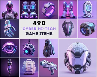 May include: A collection of futuristic cyber hi-tech game items, including a robotic suit, boots, a ring, a hand, a helmet, and a weapon. The items are rendered in shades of purple, white, and gray, with glowing accents. The text "490 CYBER HI-TECH GAME ITEMS" is displayed.