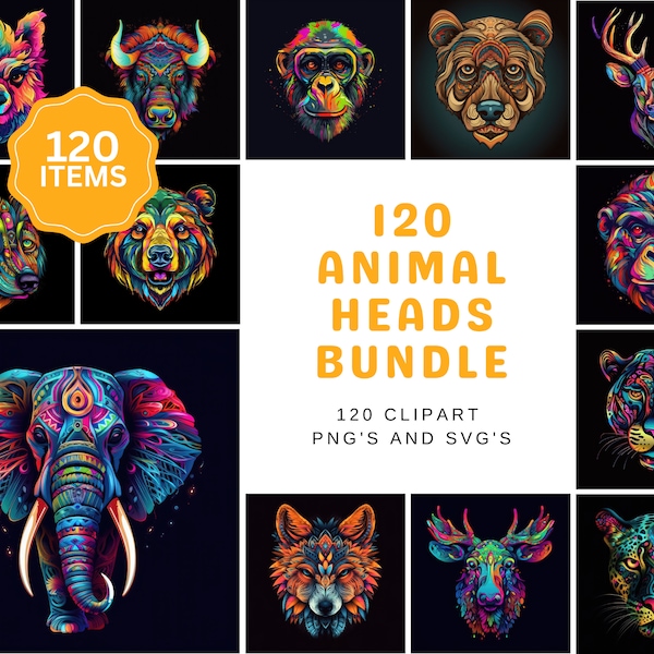 Cute Animal Heads Bundle - 120 High-Quality, Multicolored Vector Images for Tshirts, Wall art , Crafts, Digital Art, Clipart Bundle