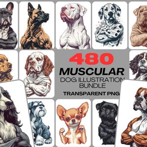 Lot d'illustrations chien musclé - 480 images PNG et JPG avec licence commerciale, haute résolution 5760 x 7200 pixels, art chien unique et drôle