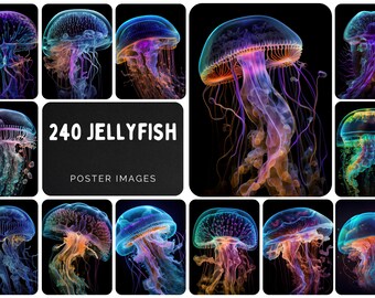 240 Glowing jellyfish images - Neon jellyfish printable posters - Glow Jellyfish Image Pack - Commercial License