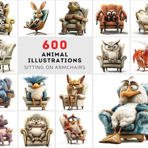 May include: 600 Animal Illustrations Sitting on Armchairs. A collection of colourful illustrations featuring various animals sitting on armchairs. The animals include a zebra, rabbit, turtle, spider, goose, bird, owl, crab, koala, bird, fox, bird, hippopotamus, hedgehog, and a rooster.
