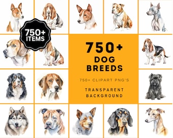 Aquarell Hunderasse Clipart: 750+ transparente PNG-Bilder (digitaler Download)