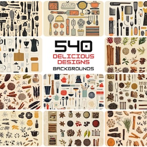 540 fonds de collage dynamiques : fruits, légumes, ustensiles de cuisine et plus | Licence commerciale