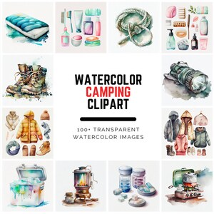 May include: Watercolor clipart set of camping gear, clothing, and accessories. Includes a sleeping bag, first aid kit, flashlight, rope, hat, boots, and more. 100 transparent watercolor images.