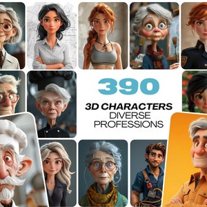 390 Unique 3D Character Images - Diverse Professions - High-Resolution Digital Art with Commercial License