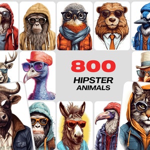800 ilustraciones de animales hipster: licencia comercial, archivos PNG de alta resolución, elegantes retratos de vida silvestre