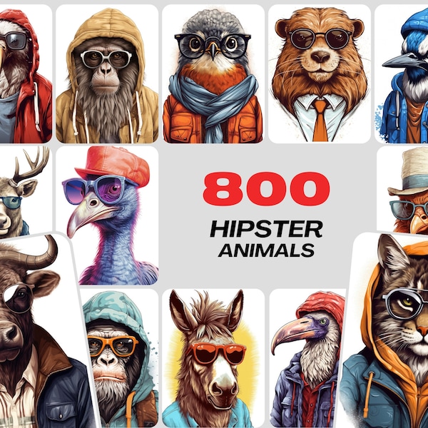 800 Hipster Animal Illustrations: Commercial License, High-Res PNG Files, Stylish Wildlife Portraits