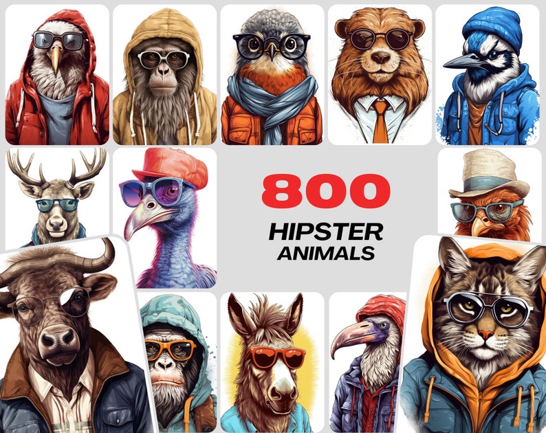 May include: A collage of 10 images featuring various animals wearing hipster clothing and accessories. The animals include a deer, a cat, a bird, a donkey, a bull, a monkey, a bear, an owl, a blue jay, and an emu. The text "800 HIPSTER ANIMALS" is displayed in the center of the collage.