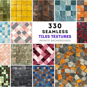 May include: A collection of 330 seamless tile textures, perfect for creating infinite backgrounds. The tiles are in various colors and patterns, including green, yellow, brown, blue, pink, red, and gray.