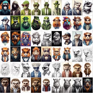 May include: A digital collage of various animals wearing human clothing and accessories. The animals include a monkey, a shark, a turtle, a hedgehog, a hippopotamus, a hamster, a bird, a lizard, and a guinea pig. The animals are wearing hats, glasses, scarves, and other accessories.