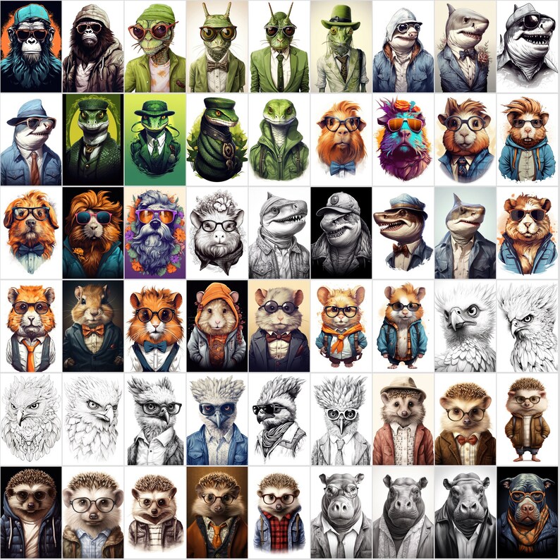 May include: A digital collage of various animals wearing human clothing and accessories. The animals include a monkey, a shark, a turtle, a hedgehog, a hippopotamus, a hamster, a bird, a lizard, and a guinea pig. The animals are wearing hats, glasses, scarves, and other accessories.