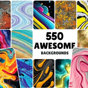 Könnte beinhalten: Eine Sammlung von 12 abstrakten Hintergründen mit wirbelnden Mustern in verschiedenen Farben, darunter Blau, Gelb, Rosa und Orange. Der Text "550 AWESOME BACKGROUNDS" wird in der Mitte des Bildes angezeigt.