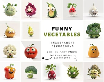 Bundle of 200+ Funny Vegetable Images with No Background and Shadow Background, Humorous Vegetable Images - Perfect for Posters, Stickers