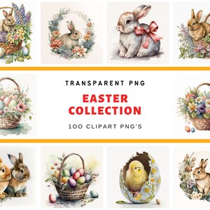 Easter Watercolor Clipart Easter bunny rabbit clipart, Spring flowers, Easter basket with eggs, Easter Trasnparent PNG Format