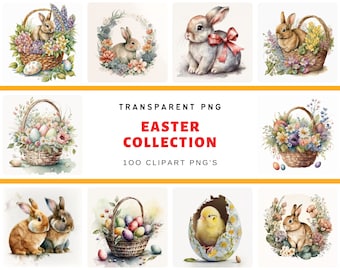 Aquarell Ostern Clipart: Hase, Blumen, Eier (PNG Format)