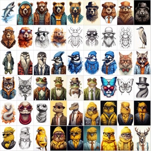 May include: A collage of 60 different animal illustrations, each wearing clothing and accessories. The animals include bears, cats, birds, frogs, butterflies, snakes, and more. The illustrations are in a cartoon style and are colorful and whimsical.