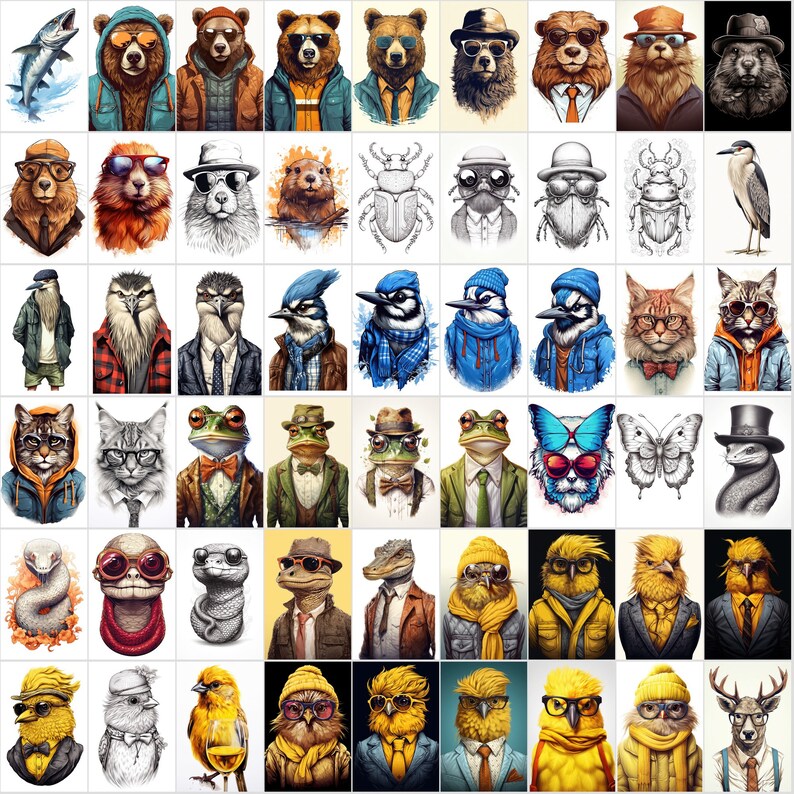 May include: A collage of 60 different animal illustrations, each wearing clothing and accessories. The animals include bears, cats, birds, frogs, butterflies, snakes, and more. The illustrations are in a cartoon style and are colorful and whimsical.