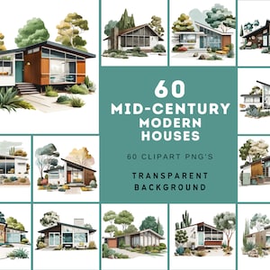 Bundle d'art maison moderne du milieu du siècle - téléchargement numérique de 60 images clipart PNG - ensemble de cliparts PNG transparents - usage commercial
