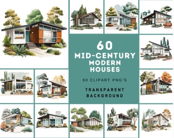 Midcentury Modern House Clipart: 60 PNG Images (Digital Download)