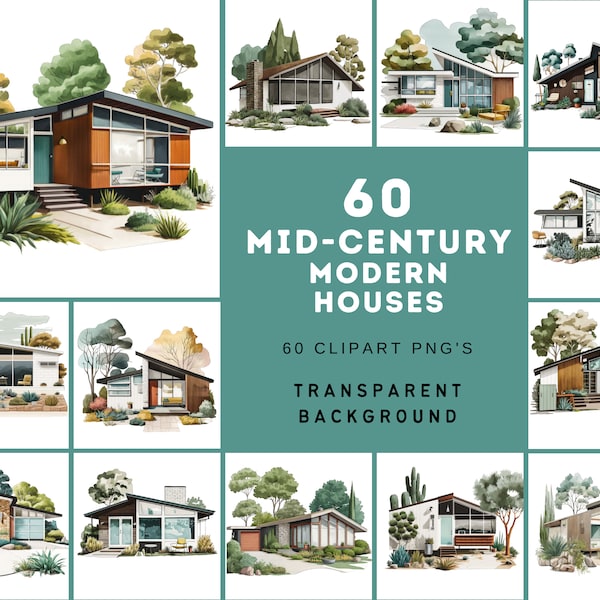 Midcentury Modern House Art Bundle - Digital Download of 60 PNG Clipart Images - Transparent PNG Clipart Bundle - Commercial Use