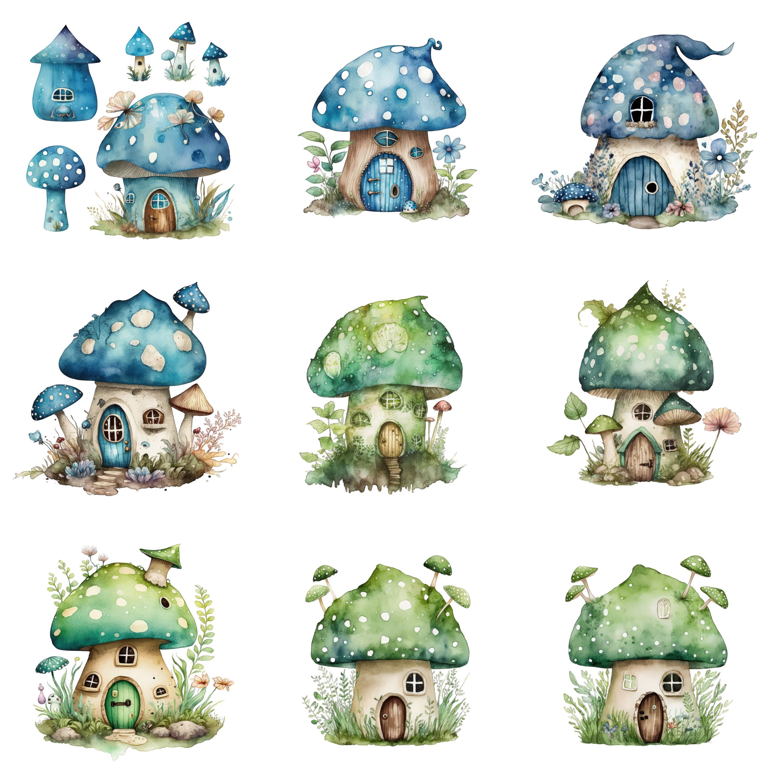 Enchanting Fairy Mushroom House Clipart, 37 Watercolor PNG ...
