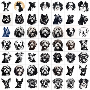 K&ouml;nnte beinhalten: Eine Sammlung von 49 Schwarzwei&szlig;illustrationen verschiedener Hunderassen. Die Illustrationen sind in einem Rasterformat angeordnet und zeigen verschiedene Hunderassen, darunter Terrier, Retriever und Spaniel.