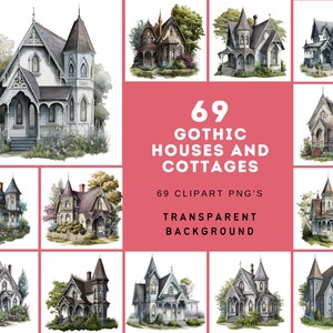 Paquete de 69 casas y cabañas góticas - Imágenes digitales transparentes - Colección de imágenes prediseñadas PNG de inspiración vintage y oscuramente románticas para manualidades