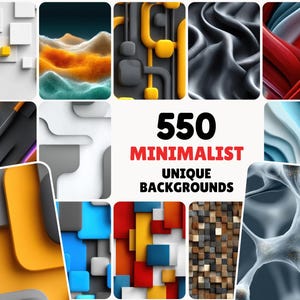 Può includere: Un collage di sfondi minimalisti astratti in vari colori e trame. L'immagine include forme geometriche, design fluidi simili a tessuti e una varietà di palette di colori. Il testo al centro recita "550 MINIMALIST UNIQUE BACKGROUNDS."