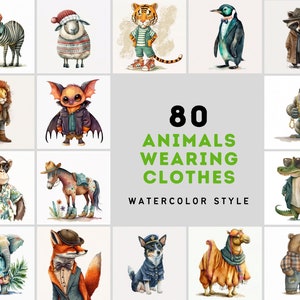 80 entzückende Tiere tragen Illustrationen, Kinderzimmer Kunst, sofortiger Download, kommerzielle Nutzung