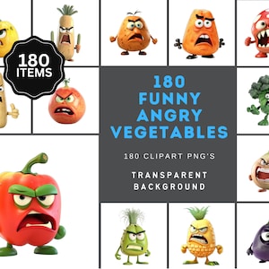 180 Wütend Gemüse Transparent Bilder Bundle - Digital Download - Hohe Auflösung - Clipart - Sofortiger Download - Lustiges Gemüse