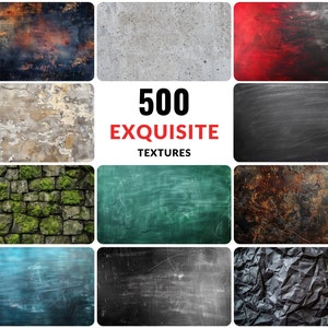 Könnte beinhalten: Eine Sammlung von neun rechteckigen Bildern, die verschiedene Texturen zeigen. Die Texturen umfassen abgenutzte Farbe, Beton, eine Tafel, eine Steinmauer mit Moos und zerknittertes Papier. Der Text "500 EXQUISITE TEXTURES" ist mittig platziert.