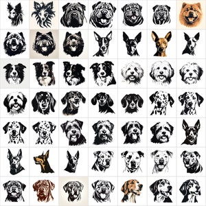 K&ouml;nnte beinhalten: Eine Sammlung von 64 Schwarzwei&szlig;illustrationen verschiedener Hunderassen. Die Illustrationen sind in einem einfachen, stilisierten Stil gehalten und zeigen verschiedene Hunderassen, darunter Bulldogge, Chihuahua, Dackel, Labrador, Pudel, Mops, Rottweiler, Sch&auml;ferhund und Terrier.