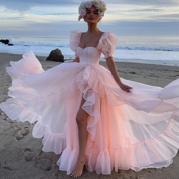 Elegant Ruffle Trim Puff Sleeves Floral Organza Prom Dress main image 1