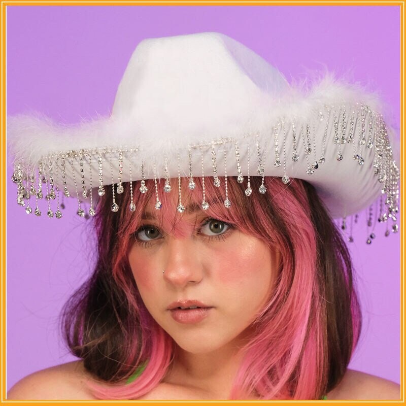 Stylish White Rhinestone Cowboy Hat Fringe Straw Cowgirl Hat Etsy